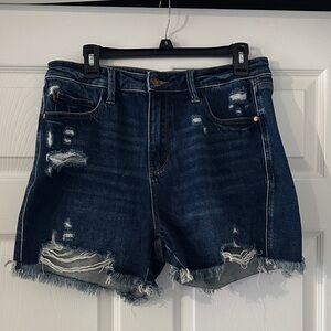 Judy Blue Rigid Magic High-Rise Distressed Dark Blue Denim Shorts